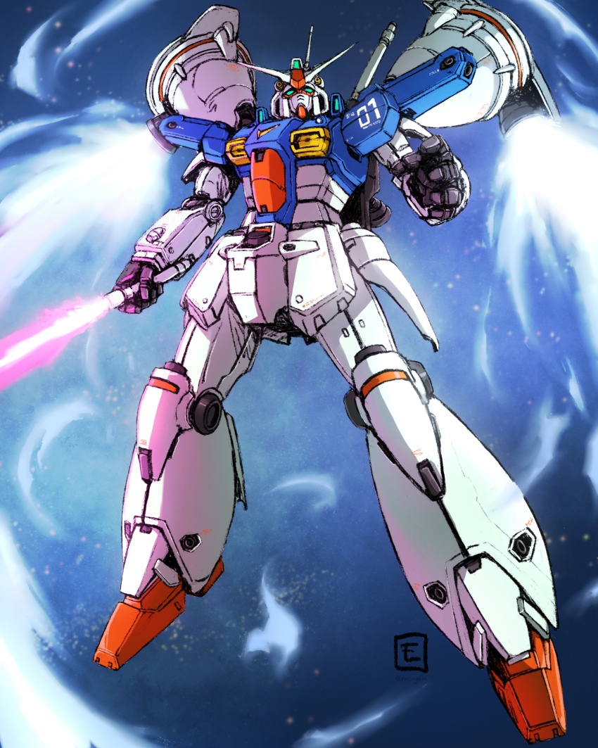 absurdres energy_sword commentary flying full_body green_eyes gundam gundam_0083 gundam_gp-01_full_vernian_zephyranthes highres holding holding_sword holding_weapon looking_at_viewer mecha mobile_suit moyan no_humans open_hand robot science_fiction space sword v-fin weapon