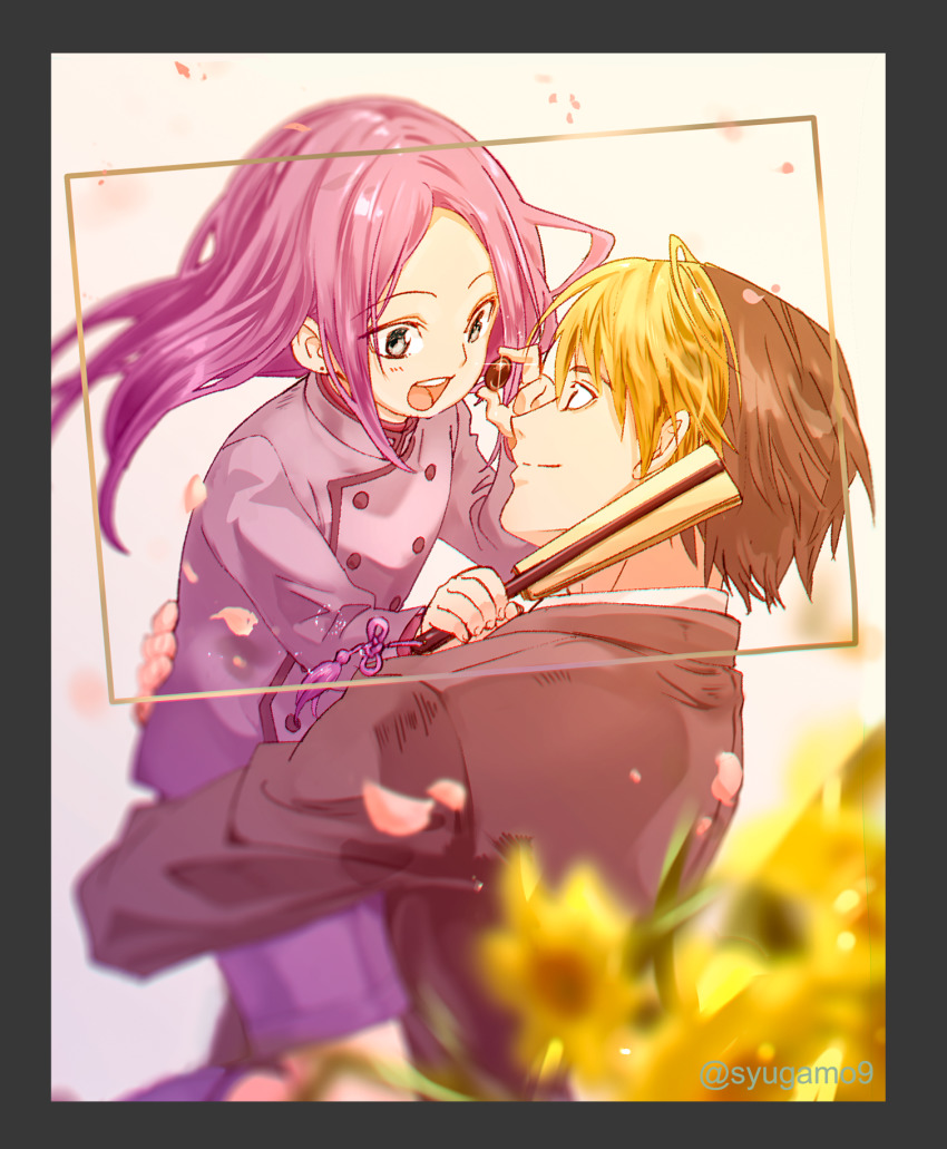 2boys :d alternate_universe black_border black_hair blazer blonde_hair blurry board_game border buttons carrying child depth_of_field double-breasted colored_bangs earrings eye_contact floating_hair flower folded_fan folding_fan fujiwara_no_sai glint go_(board_game) hand_fan hand_on_another&#039;s_back hand_on_another&#039;s_shoulder hand_up happy highres hikaru_no_go holding holding_fan jacket jewelry kneehighs kuo_tasuku long_hair long_sleeves looking_at_another male_focus multicolored_hair multiple_boys open_mouth petals profile purple_hair purple_legwear purple_shorts school_uniform shindou_hikaru short_hair shorts smile socks two-tone_hair upper_body viewfinder yellow_flower