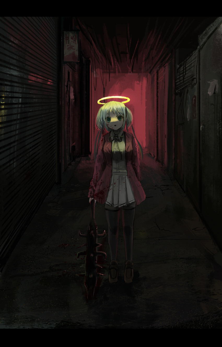 1girl absurdres blood blood_on_clothes blood_on_face blood_trail blue_hair bokusatsu_tenshi_dokuro-chan breasts club club_(weapon) commentary empty_eyes excalibolg green_eyes halo highres indoors large_breasts mitsukai_dokuro nekonekosan_(kemushima3) school_uniform solo spiked_club thighhighs twintails weapon
