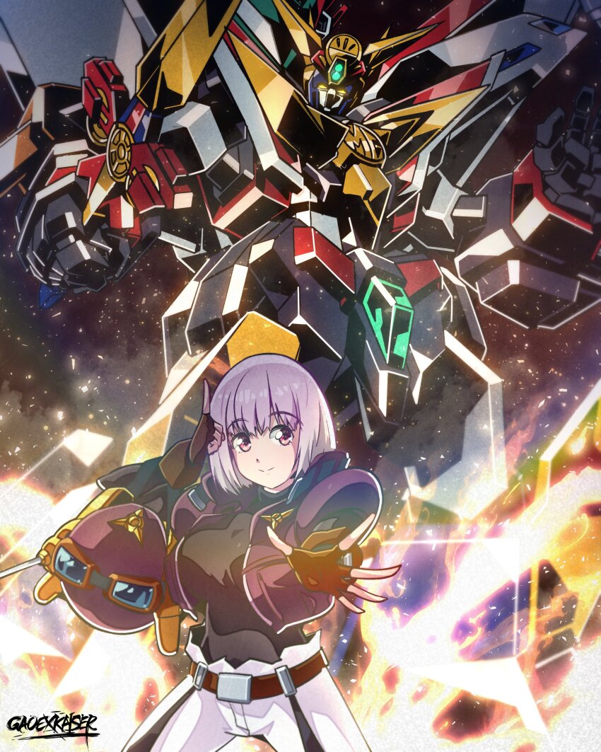 1girl absurdres armor breasts cosplay crossover fingerless_gloves fire gao_ex_kaiser gloves great_might_gaine_perfect_mode gridman_universe helmet highres holding holding_weapon jacket large_breasts letterman_jacket looking_at_viewer mecha might_gaine open_mouth outside_border purple_hair red_eyes robot science_fiction shinjou_akane shirt short_hair shoulder_cannon smile solo standing super_robot sword tented_shirt unworn_headwear unworn_helmet v-fin weapon yellow_eyes yuusha_series yuusha_tokkyuu_might_gaine