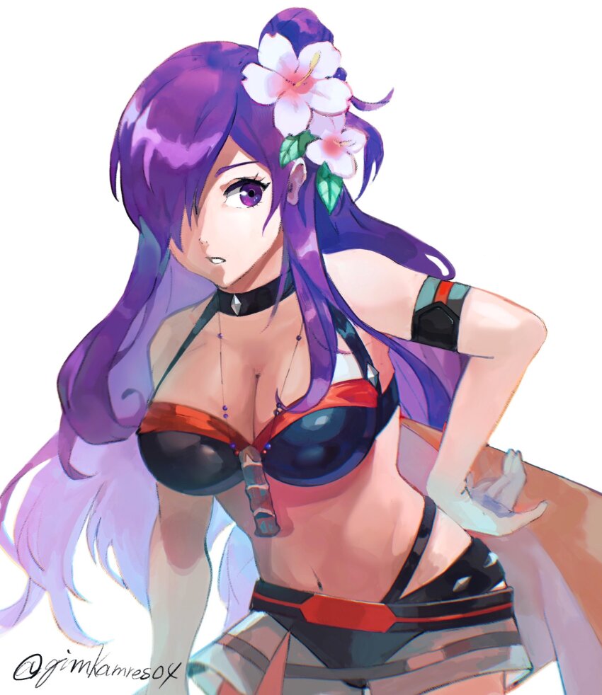 1girl bare_shoulders bikini black_bikini black_choker breasts choker cleavage female_shez_(fire_emblem) female_shez_(summer)_(fire_emblem) fire_emblem fire_emblem:_three_houses fire_emblem_warriors:_three_hopes flower gimkamres04 hair_flower hair_ornament hair_over_one_eye hibiscus highres large_breasts long_hair looking_at_viewer navel nintendo official_alternate_costume purple_eyes purple_hair simple_background solo stomach swimsuit white_background white_flower