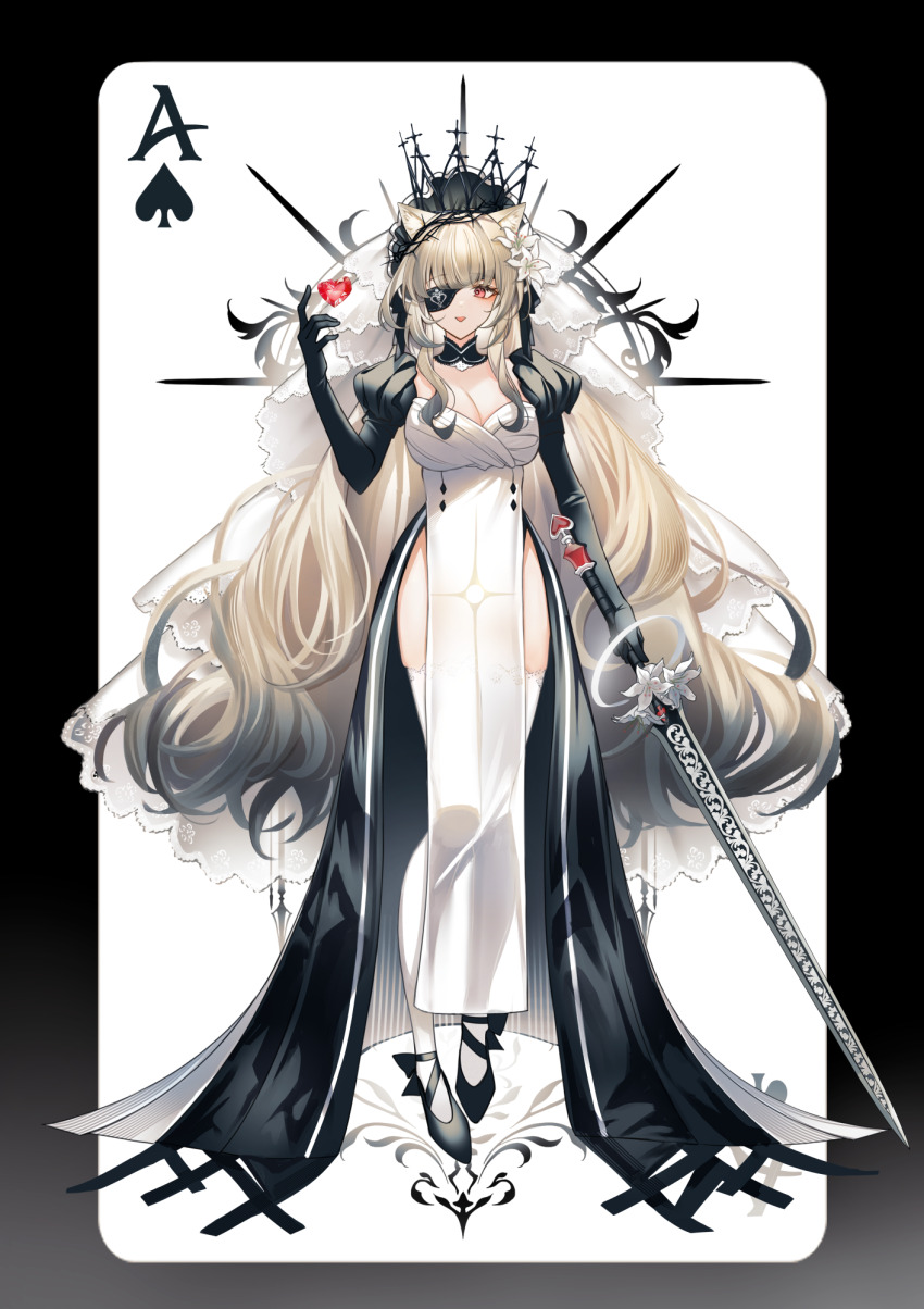 1girl ace_(playing_card) ace_of_spades animal_ears black_border black_gloves black_shoes border breasts card cat_ears cat_fantasy cleavage commentary_request dress elbow_gloves eyepatch flower full_body gloves hand_up heart highres holding holding_sword holding_weapon large_breasts light_brown_hair lium long_hair playing_card puff_and_slash_sleeves puffy_sleeves shoes solo spade_(shape) standing sword sylviette_(cat_fantasy) thighhighs veil very_long_hair weapon white_background white_dress white_flower white_thighhighs