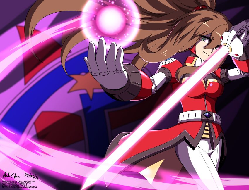 1girl android armor breasts dated energy_ball energy_orb energy_sword flag flag_background green_eyes hair_between_eyes high-waist_pantyhose high_collar high_ponytail highres holding holding_sword holding_weapon innovator123 iris_(mega_man) iris_-another-_(mega_man) jewelry joints long_hair looking_at_viewer medium_breasts mega_man_(series) mega_man_x_(series) mega_man_x_dive pantyhose pixiv_username ponytail rapier red_armor robot robot_girl robot_joints shoulder_jewel signature solo sword tumblr_username twitter_username very_long_hair weapon