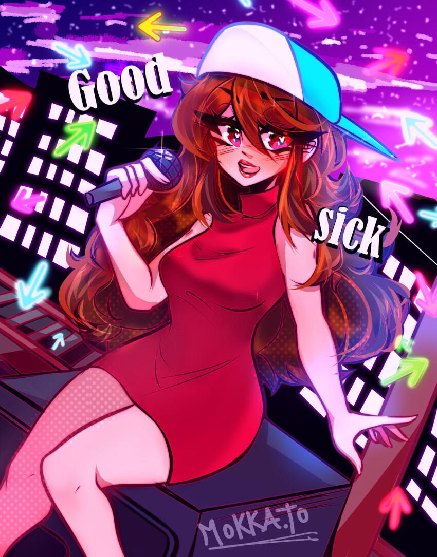 1girl black_eyes blue_hat blush breasts brown_hair dress friday_night_funkin&#039; girlfriend_(friday_night_funkin&#039;) hat high_heels highres large_breasts long_hair looking_at_viewer mokka newgrounds non-web_source open_mouth pink_eyes red_dress red_hair simple_background sleeveless sleeveless_dress smile solo thighs white_hat