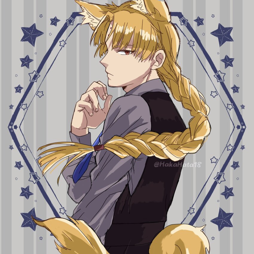 1boy animal_ears black_vest blonde_hair blue_necktie braid cat_ears cat_tail collared_shirt d.gray-man facial_mark facing_to_the_side floating_hair forehead_mark grey_background grey_shirt hakahata18 hand_up highres howard_link long_hair long_sleeves looking_at_viewer male_focus necktie profile red_eyes shirt signature single_braid solo star_(symbol) striped_background tail twitter_username vertical-striped_background vest waistband