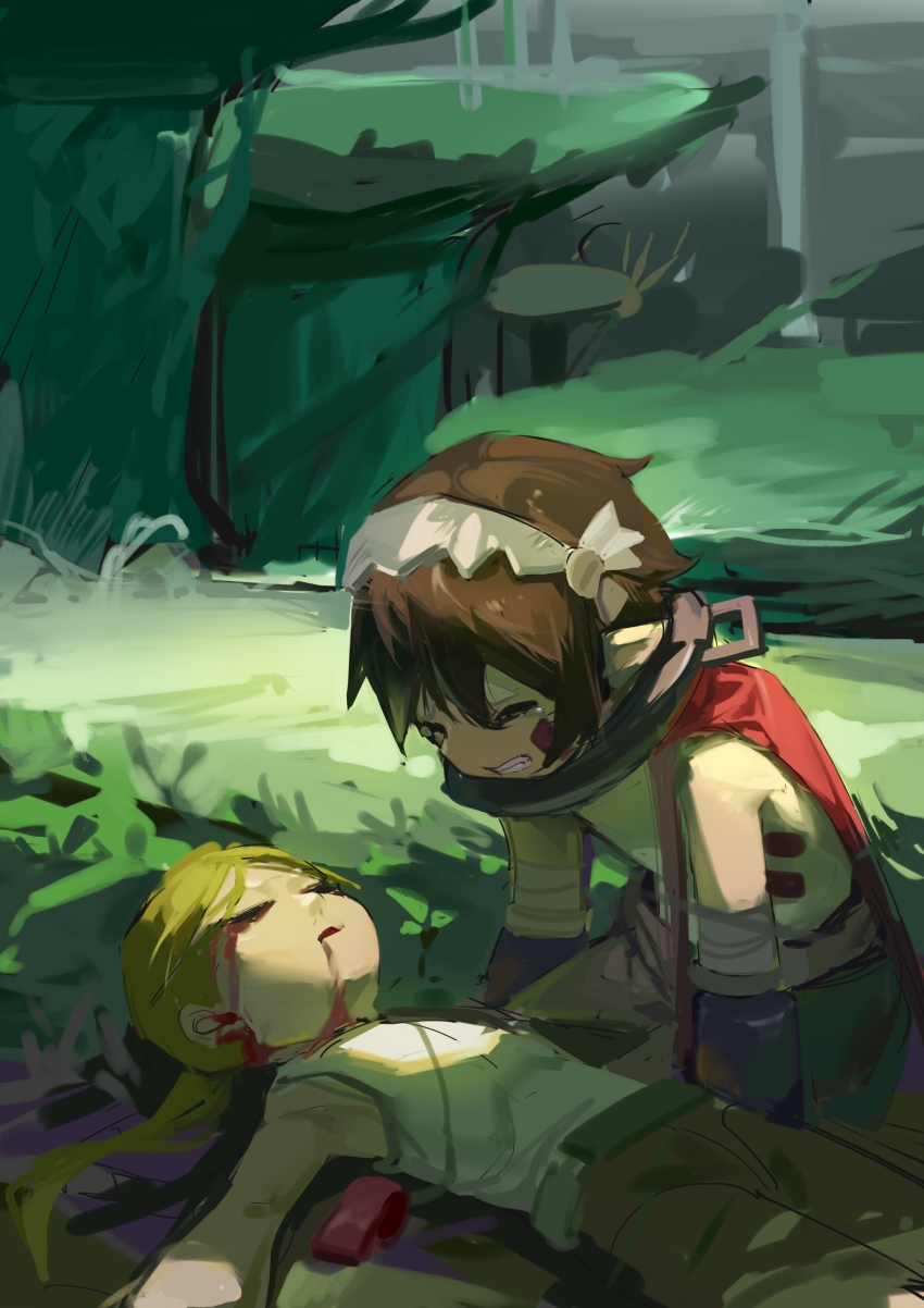 1boy 1girl absurdres blonde_hair blood blood_from_mouth bloody_tears brown_hair brown_pants cape chinese_commentary clenched_teeth closed_eyes commentary_request crying dying facial_mark grass grey_hairband hairband highres long_hair lying made_in_abyss mechanical_arms metal_hairband on_back on_ground outdoors pants parted_bangs pointy_ears red_cape reg_(made_in_abyss) riko_(made_in_abyss) scenery short_hair sitting spoilers sterlank tank_top teeth topless_male whistle white_tank_top