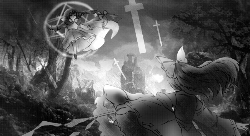 2girls bad_id bad_twitter_id bare_legs bare_shoulders boots bow bowtie braid brooch cape cloud cloudy_sky commentary cowboy_shot cross day detached_sleeves english_commentary face-to-face fighting floating floating_clothes floating_hair forest frilled_skirt frills from_behind full_body gohei greyscale hair_bow hair_tubes hakurei_reimu highres holding holding_gohei jewelry long_hair long_skirt long_sleeves low-tied_long_hair luo_qiangwei monochrome multiple_girls nature okazaki_yumemi open_mouth outdoors outstretched_arms pleated_skirt ribbon-trimmed_bow ribbon-trimmed_sleeves ribbon_trim single_braid skirt skirt_set sky smile teeth touhou touhou_(pc-98) tower very_long_hair vest wide_sleeves