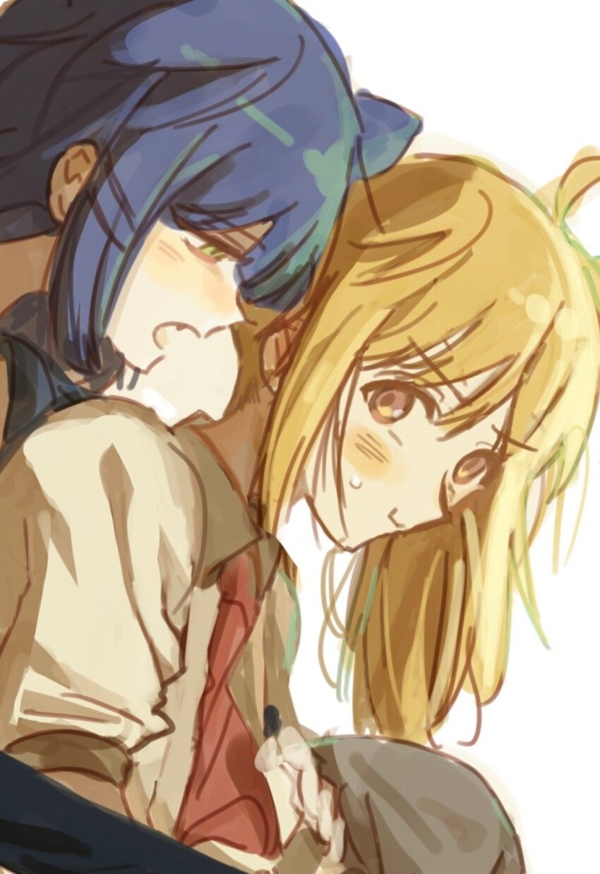 2girls ahoge animal_ears bab13081 blonde_hair blue_hair blush bocchi_the_rock! cat_ears fang hair_ornament hairclip highres hug hug_from_behind ijichi_nijika imminent_bite multiple_girls necktie orange_eyes red_necktie school_uniform shimokitazawa_high_school_uniform short_hair side_ponytail simple_background sweat white_background yamada_ryo yellow_eyes yuri