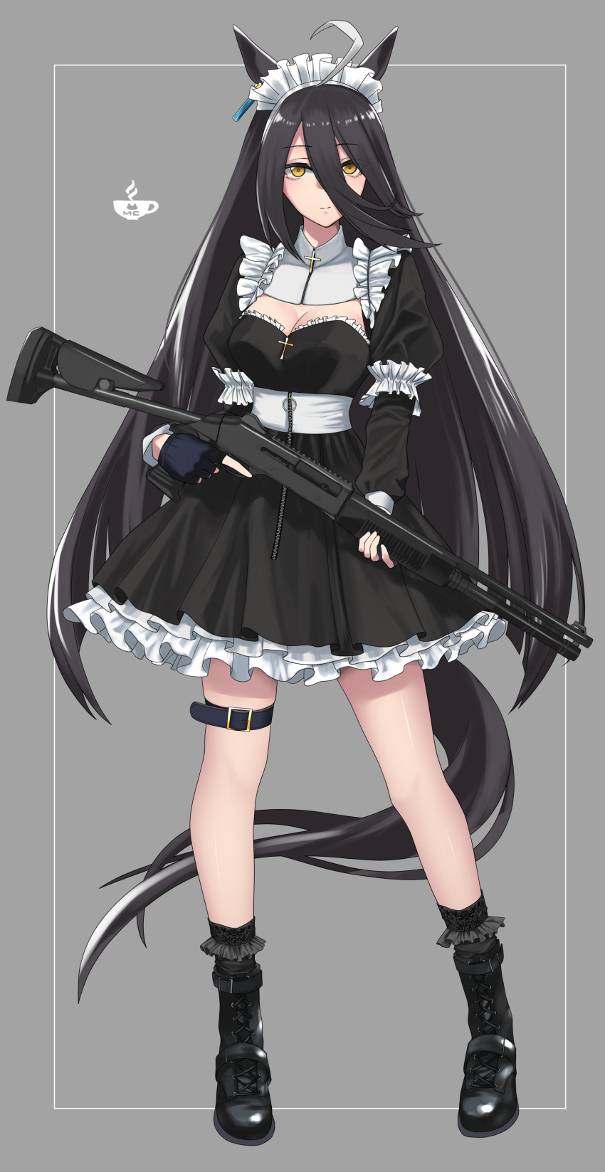 1girl absurdres ahoge alternate_costume animal_ears benelli_m4_super_90 black_boots black_dress black_gloves black_socks boots breasts cleavage cleavage_cutout closed_mouth clothing_cutout dress earrings fingerless_gloves full_body gloves gun hair_between_eyes highres holding holding_gun holding_weapon horse_ears horse_girl horse_tail jewelry juliet_sleeves leg_belt long_hair long_sleeves looking_at_viewer maid_headdress manhattan_cafe_(umamusume) medium_breasts multicolored_hair petticoat puffy_sleeves pump-action_shotgun pump_action semi-automatic_shotgun shotgun single_earring socks solo streaked_hair tail tonari_no_kishida trigger_discipline umamusume weapon yellow_eyes