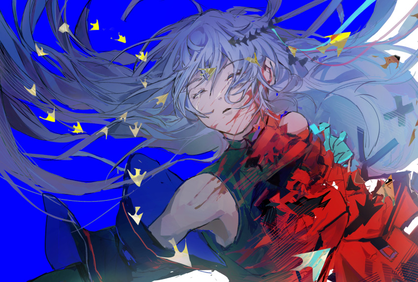 1girl alternate_form angelfish arknights armpits ascot bare_shoulders black_ascot blood blood_on_face blue_background breasts closed_eyes corruption detached_sleeves dress dual_persona fish grey_hair hair_between_eyes highres jinfeng0430 long_hair long_sleeves off-shoulder_dress off_shoulder official_alternate_costume parted_lips red_dress red_sleeves simple_background skadi_(arknights) skadi_the_corrupting_heart_(arknights) solo tears transformation transforming_clothes tropical_fish very_long_hair white_background