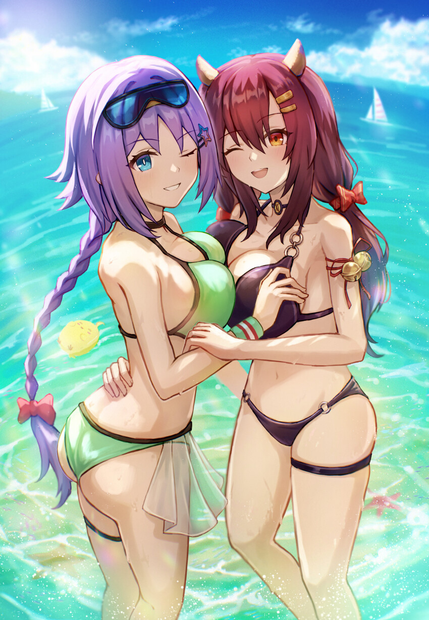 ;d absurdres ass azur_lane bikini black_bikini blue_hair breast_press breasts cleavage commission eyewear_on_head green_bikini highres horns isome large_breasts long_braid long_hair looking_at_viewer low_twintails manjuu_(azur_lane) nagara_(azur_lane) navel nicoloso_da_recco_(azur_lane) nicoloso_da_recco_(to_a_smashing_voyage!)_(azur_lane) official_alternate_costume one_eye_closed open_mouth orange_eyes pixiv_commission purple_hair smile stomach swimsuit symmetrical_docking thigh_strap thighs twintails water