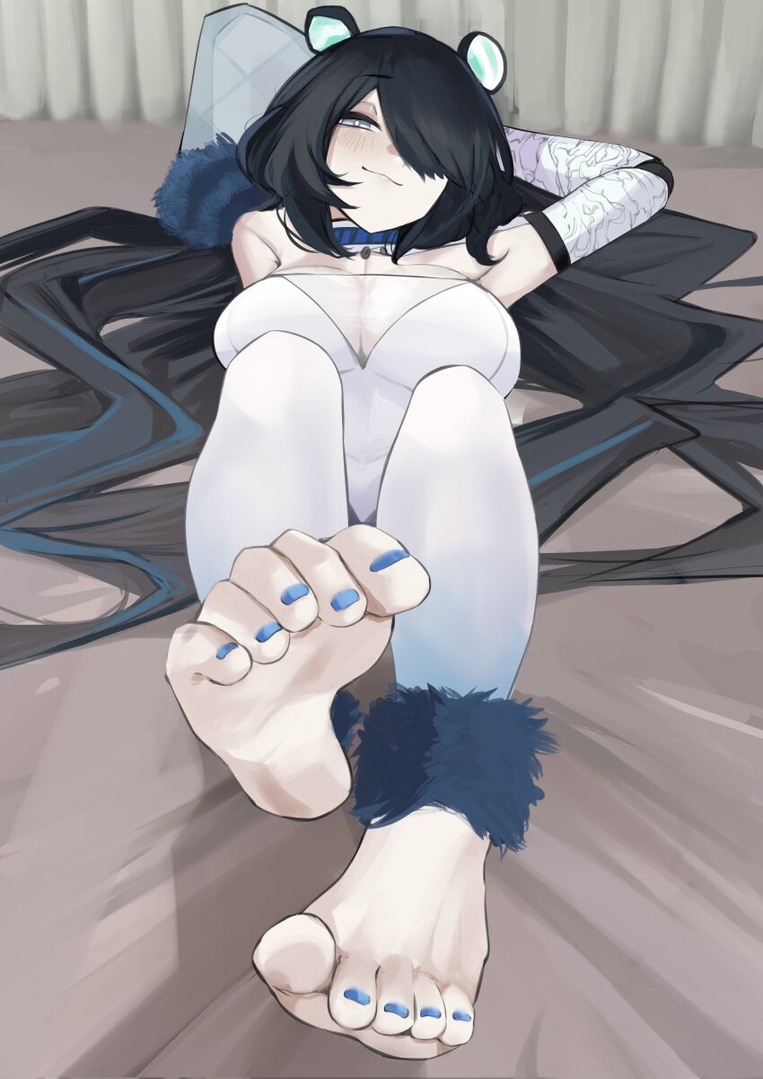 1girl :3 absurdres animal_ears barefoot black_hair blue_eyes blue_nails blush breasts cleavage erina_makina feet foot_focus hair_over_one_eye highres large_breasts long_hair looking_at_viewer lying nail_polish on_back phase_connect pupi_(rain_prophet) smile soles solo toenail_polish toenails toes virtual_youtuber
