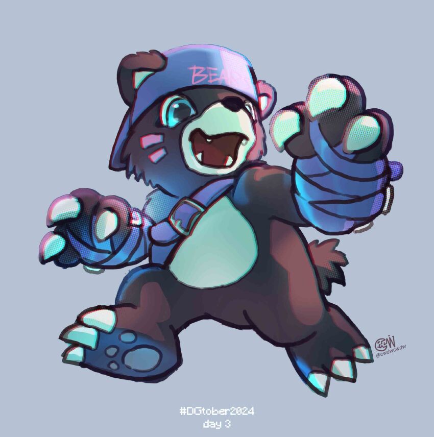 absurdres artist_logo baseball_cap bearmon black_fur blue_hat body_fur cwdw digimon digimon_(creature) english_text grey_background hat highres logo print_hat simple_background text_print twitter_username