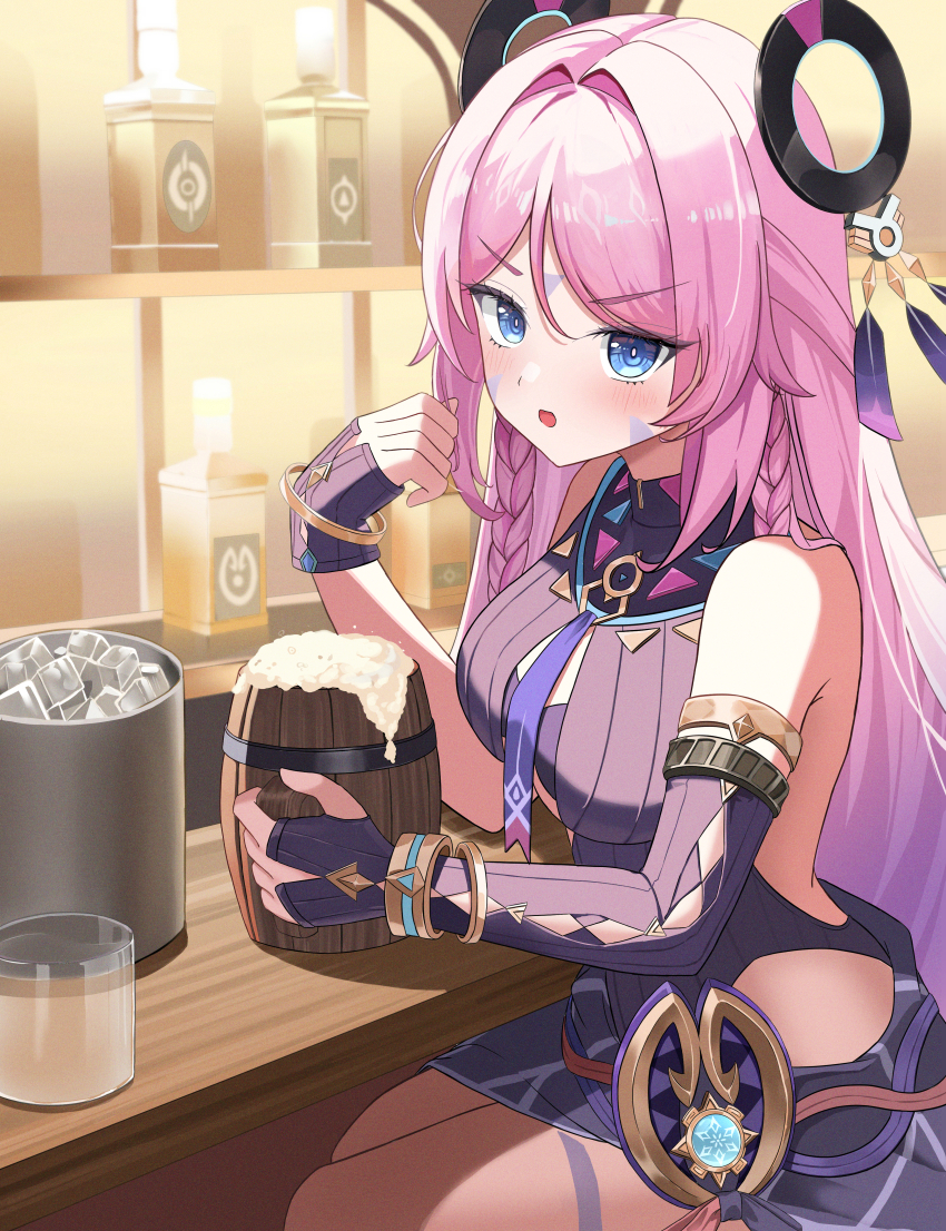 1girl beer_mug blue_eyes blue_leotard blush breasts citlali_(genshin_impact) commentary_request cup facial_mark floating_headgear genshin_impact hatae0226_(hty) headgear highres holding holding_cup indoors large_breasts leotard long_hair looking_at_viewer mug open_mouth pink_hair ring_hair_ornament sitting solo triangle triangle_facial_mark