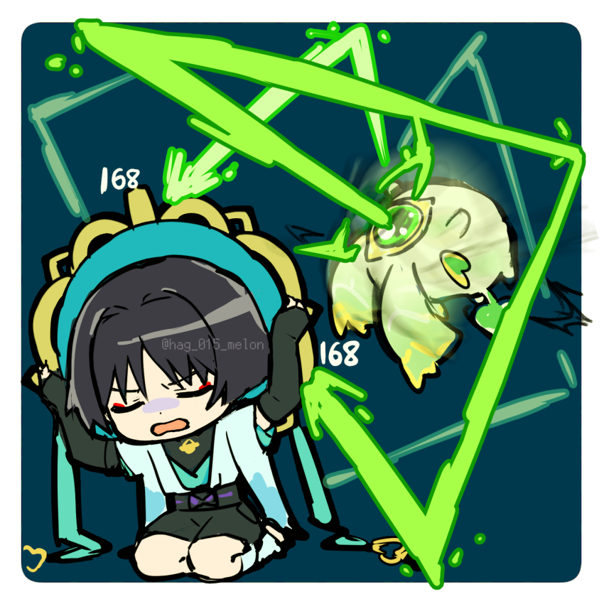 1boy arms_up belt black_background black_belt black_bridal_gauntlets black_hair black_shorts blue_hat blue_kimono blue_sleeves blunt_ends border bow bridal_gauntlets chibi closed_eyes creature damage_numbers eyeliner eyeshadow full_body furisode genshin_impact gold hag_(hag_015) hair_intakes han&#039;eri hat highres holding holding_unworn_clothes holding_unworn_hat japanese_clothes jingasa kimono laser layered_kimono layered_sleeves leg_warmers makeup male_focus neo_akasha_terminal open_clothes open_kimono open_mouth purple_bow red_eyeliner red_eyeshadow scaramouche_(genshin_impact) seiza short_sleeves shorts sitting unworn_hat unworn_headwear wanderer_(genshin_impact) white_border white_kimono white_leg_warmers white_sleeves