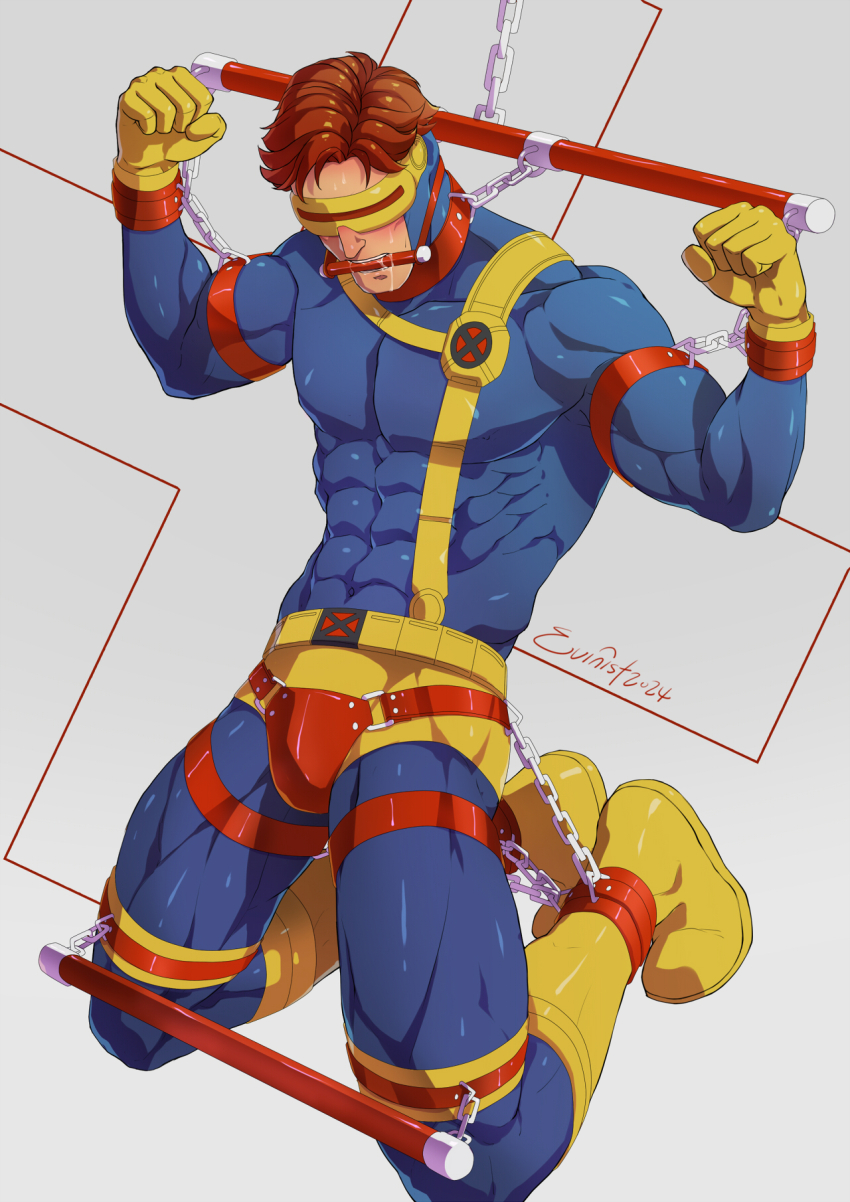 1boy bara blue_bodysuit bodysuit boots bound bound_ankles bound_arms bound_wrists brown_hair bulge chain clenched_hands covered_abs covered_erect_nipples cyclops_(x-men) evinist gagged gloves highres kneeling large_pectorals male_focus marvel muscular muscular_male pectorals restrained short_hair solo thick_thighs thighs x-men yellow_gloves