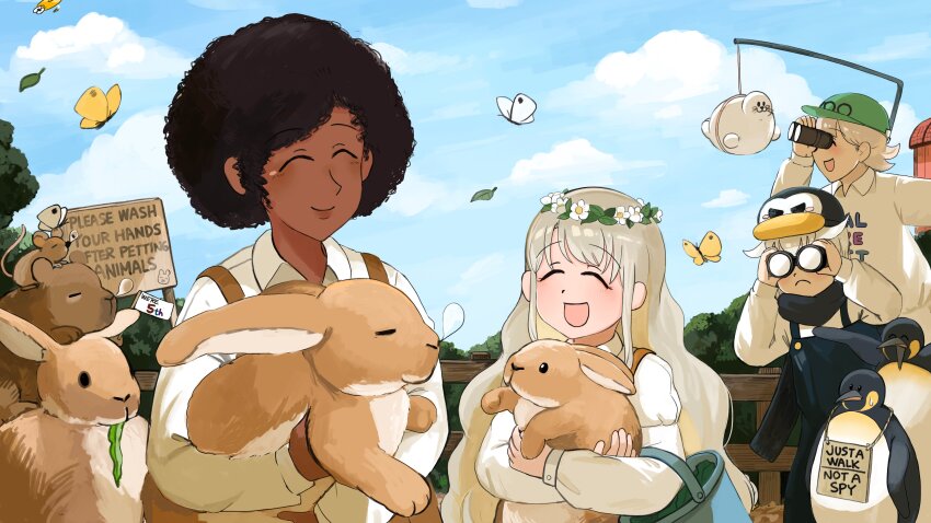4girls :d absurdres afro animal binoculars bird black_overalls black_scarf brown_hair brown_overalls bug butterfly capybara capybara_keeper_(diva) clothes_writing dark-skinned_female dark_skin diva_(hyxpk) donut_stamp duck flower_wreath frown green_hat grey_hair hat head_wreath highres holding holding_animal holding_binoculars holding_rabbit insect king_penguin long_hair mouse_(animal) multiple_girls nose_bubble open_mouth overalls penguin penguin_hat penguin_keeper_(diva) rabbit rabbit_keeper_(diva) scarf seal_keeper_(diva) shirt short_hair sign sign_around_neck slice_of_life smile stuffed_seal wavy_hair white_shirt zoo zookeeper zookeepers_(diva)