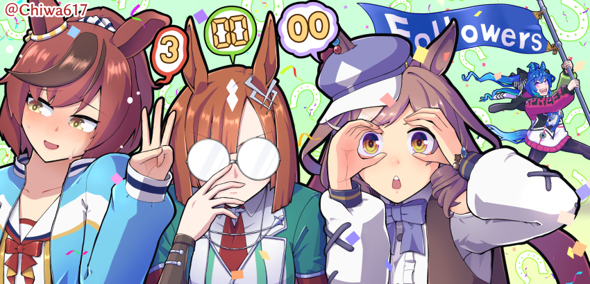 4girls :d @_@ banner blue_bow blue_eyes blue_hair blue_jacket blush bow brown_eyes brown_hair brown_vest center_frills chiwa_(chiwa0617) collared_shirt commentary_request dress_shirt frills glasses green_background green_jacket grey-framed_eyewear hand_glasses hand_up heterochromia highres holding ikuno_dictus_(mantle_of_steel)_(umamusume) ikuno_dictus_(umamusume) jacket long_sleeves matikanetannhauser_(panpaka_tiltott)_(umamusume) matikanetannhauser_(umamusume) milestone_celebration multicolored_hair multiple_girls nice_nature_(run&amp;win)_(umamusume) nice_nature_(umamusume) nose_blush opaque_glasses open_clothes open_jacket open_mouth ponytail puffy_long_sleeves puffy_sleeves purple_eyes round_eyewear sharp_teeth shirt sleeves_past_wrists smile streaked_hair streamers stuffed_animal stuffed_rabbit stuffed_toy sweat teeth twin_turbo_(blast_mode!_turbo_engine)_(umamusume) twin_turbo_(umamusume) twitter_username two-tone_hair umamusume veil vest w white_hair white_jacket white_shirt white_veil