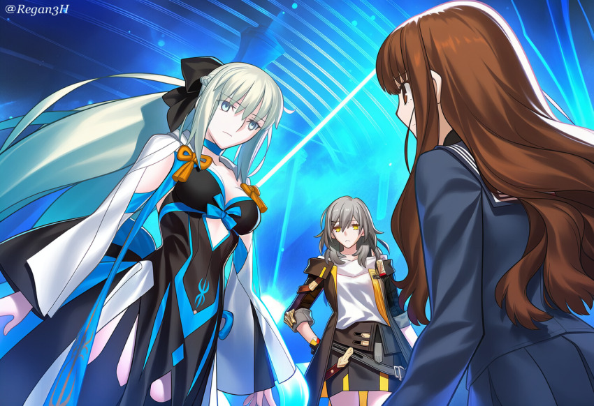 3girls black_bow blue_eyes bow brown_eyes brown_hair d12-nelth fate/grand_order fate_(series) grey_hair hair_between_eyes hair_bow honkai:_star_rail honkai_(series) ishikawa_yui kishinami_hakuno_(female) long_hair long_sleeves looking_at_viewer morgan_le_fay_(fate) multiple_girls parody pleated_skirt ponytail skirt stelle_(honkai:_star_rail) style_parody takeuchi_takashi_(style) trailblazer_(honkai:_star_rail) very_long_hair voice_actor_connection white_hair yellow_eyes