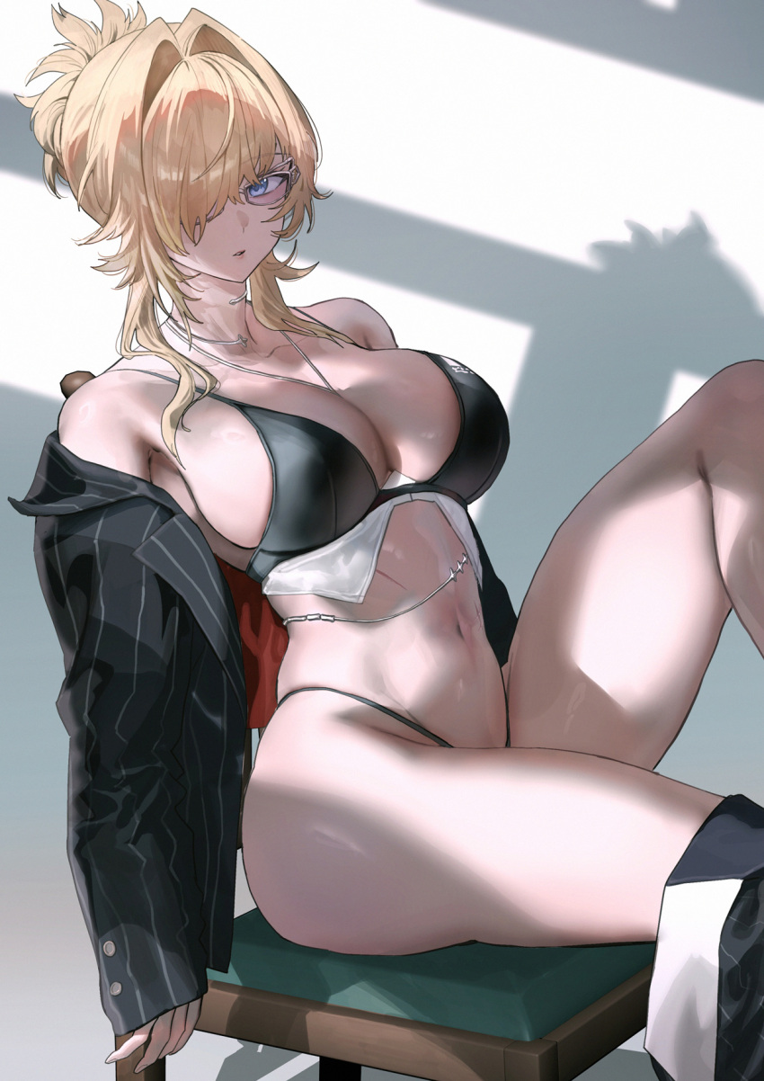 1girl bikini black_bikini black_jacket black_pants blonde_hair blue_eyes breasts cleavage clothes_pull glasses goddess_of_victory:_nikke grave_(beautiful_you)_(nikke) grave_(nikke) hair_intakes hair_over_one_eye highleg highleg_bikini highres jacket jewelry large_breasts medium_hair navel necklace official_alternate_costume on_chair pants pants_pull salmon88 scar scar_on_stomach shadow sitting solo stomach swimsuit