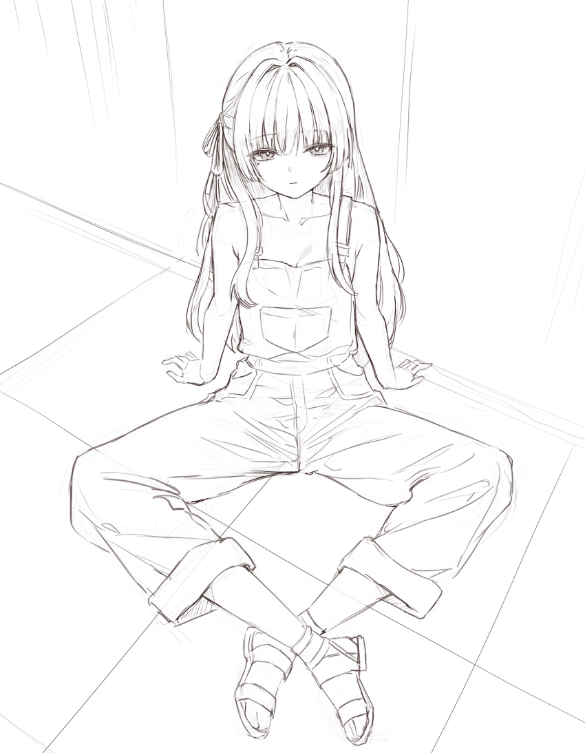 1girl alternate_costume arm_support bare_shoulders breasts chisa_(wuthering_waves) cleavage closed_mouth collarbone commentary crossed_ankles ddcc0123 from_above greyscale hair_ribbon highres looking_at_viewer medium_breasts mole mole_under_eye monochrome open-toe_shoes overalls pants pants_rolled_up ribbon sandals sitting sketch solo wuthering_waves