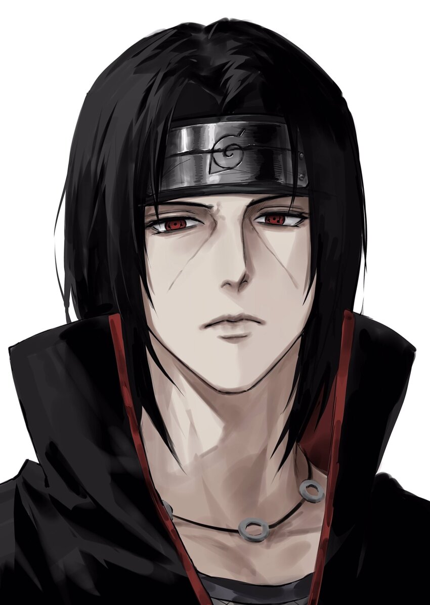 1boy akatsuki_uniform black_hair curtained_hair forehead_protector headband high_collar highres jewelry lips looking_at_viewer male_focus medium_hair naruto_(series) necklace nose red_eyes sharingan simple_background solo sso_s uchiha_itachi white_background