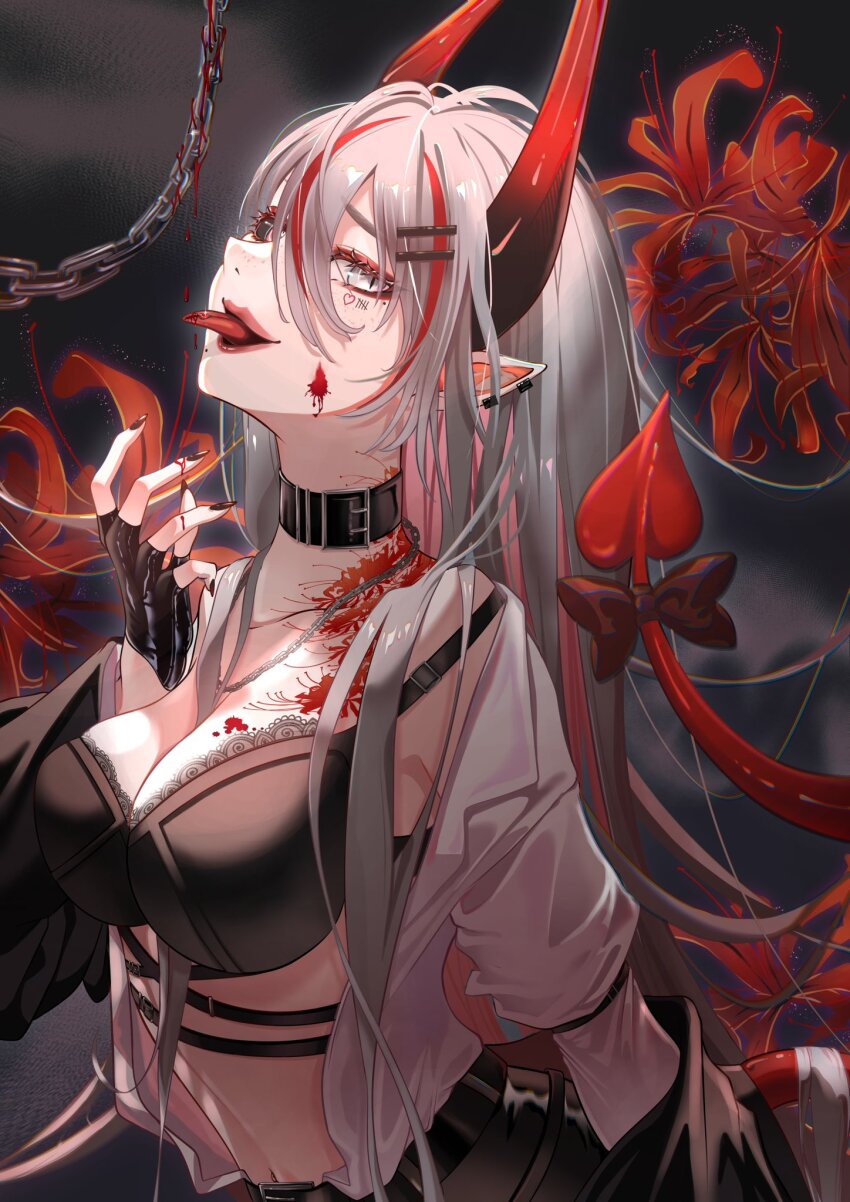 1girl belt_collar black_bow black_bra black_collar black_gloves black_horns black_nails black_sclera black_skirt bow bra breasts chain character_request chest_tattoo cleavage collar colored_sclera commission copyright_request demon_girl demon_horns eyelashes facial_mark fingerless_gloves flower flower_tattoo gloves gradient_horns grey_eyes grey_hair hair_between_eyes heart heart_facial_mark highres horns large_breasts long_hair midriff mishima_nina mismatched_eyes mole mole_under_eye mole_under_mouth multicolored_hair multicolored_horns multiple_moles navel neck_tattoo pointy_ears red_hair red_horns skirt slit_pupils solo spider_lily streaked_hair tail tail_bow tail_ornament tally tattoo tongue tongue_out underwear vgen_commission