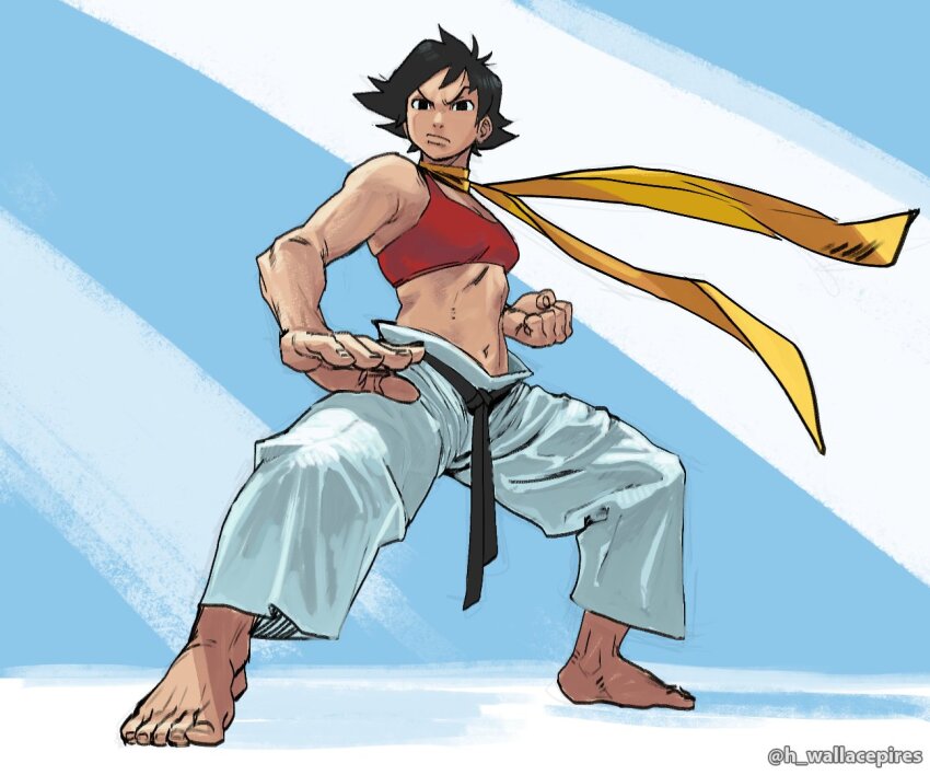 1girl barefoot belt black_belt black_eyes breasts choker clenched_hand commentary english_commentary fighting_stance fingernails full_body horse_stance karate makoto_(street_fighter) martial_arts_belt midriff navel no_shirt pants red_sports_bra ribbon_choker short_hair small_breasts solo sports_bra street_fighter street_fighter_iii_(series) toenails toes tomboy toned twitter_username wallace_pires white_pants yellow_choker