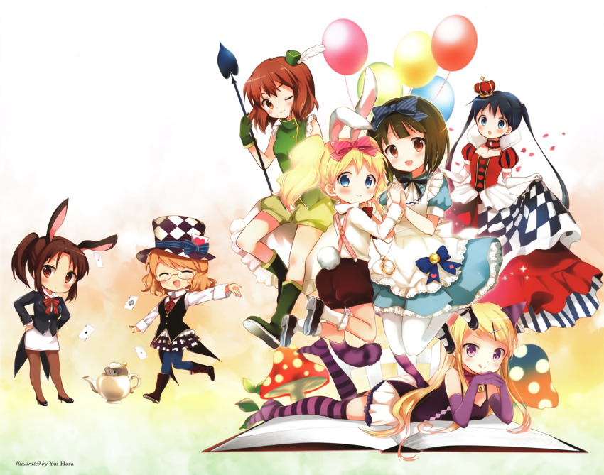 6+girls alice_cartelet alice&#039;s_adventures_in_wonderland animal_ears artist_name balloon black_footwear black_legwear blonde_hair blue_eyes blue_hair blue_legwear blush book boots brown_eyes brown_hair brown_legwear chibi closed_eyes closed_mouth clothes_lift cosplay dress elbow_gloves facing_viewer fake_animal_ears glasses gloves green_gloves green_hair hair_ornament hara_yui high_heels highres inokuma_youko karasuma_sakura kin-iro_mosaic komichi_aya kujou_karen kuzehashi_akari long_hair looking_at_viewer march_hare_(wonderland) multiple_girls mushroom official_art one_eye_closed oomiya_shinobu open_mouth pantyhose ponytail purple_eyes purple_gloves purple_legwear rabbit_ears red_eyes red_hair scan short_hair short_ponytail short_twintails side_ponytail skirt skirt_lift striped_clothes striped_legwear striped_thighhighs thighhighs twintails wavy_hair weapon white_legwear white_skirt x_hair_ornament