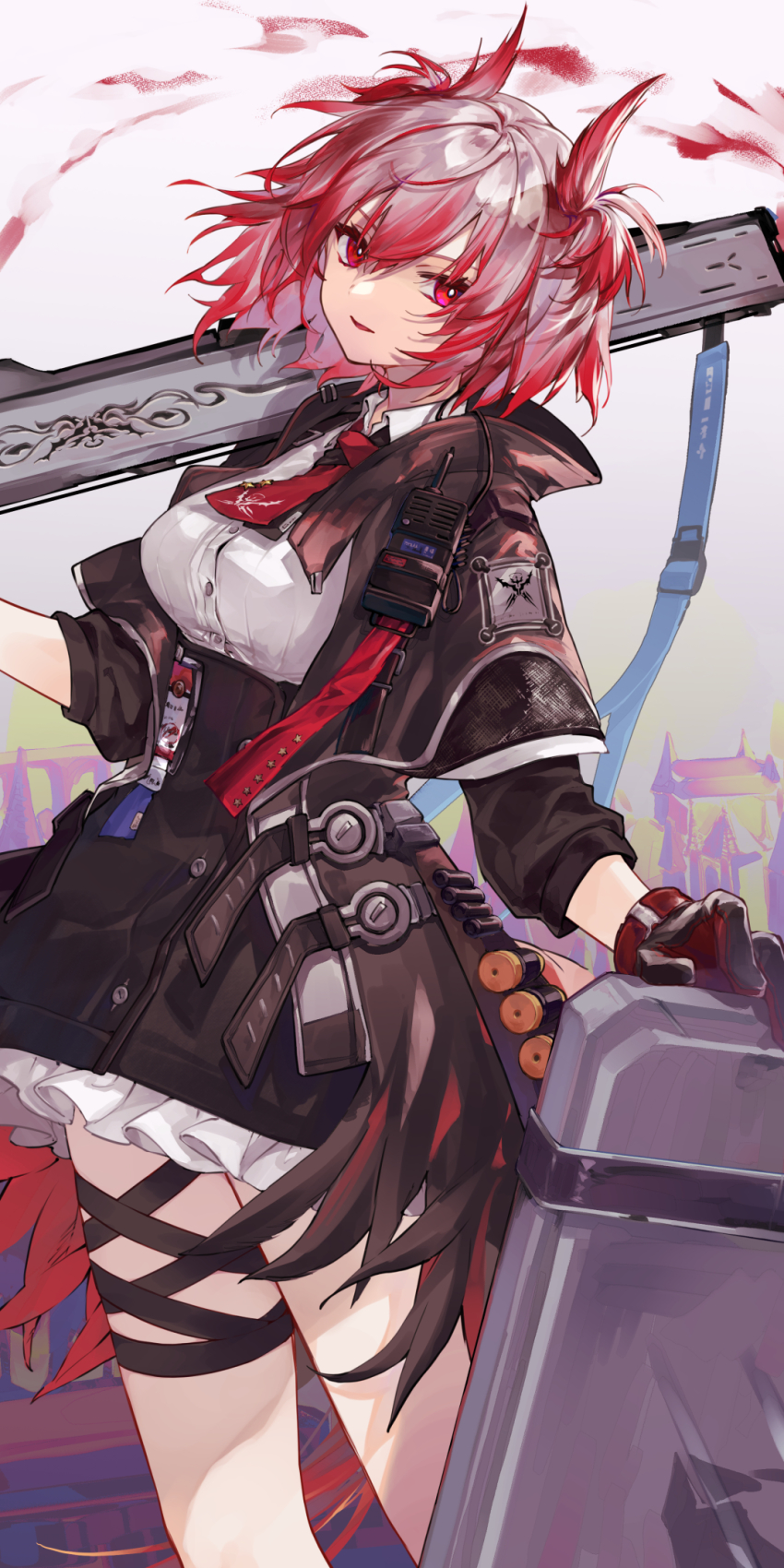 1girl arknights bird_tail black_gloves black_jacket black_skirt collared_shirt commentary feather_hair feet_out_of_frame fiammetta_(arknights) frilled_skirt frills gameyaruzaurus gloves high-waist_skirt highres holding holding_weapon id_card jacket leg_ribbon long_sleeves looking_at_viewer medium_hair necktie open_clothes open_jacket open_mouth radio red_eyes red_hair red_necktie ribbon shirt skirt solo tail thigh_ribbon weapon white_shirt