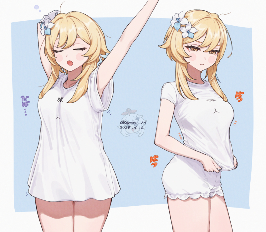 2girls armpits arms_up blonde_hair blush breasts commentary_request cowboy_shot flower genshin_impact hair_flower hair_ornament long_sidelocks lumine_(genshin_impact) medium_breasts multiple_girls multiple_views paimon_(genshin_impact) q_(oshikuraq) shirt short_hair shorts sidelocks solo_focus t-shirt white_shirt white_shorts yawning yellow_eyes