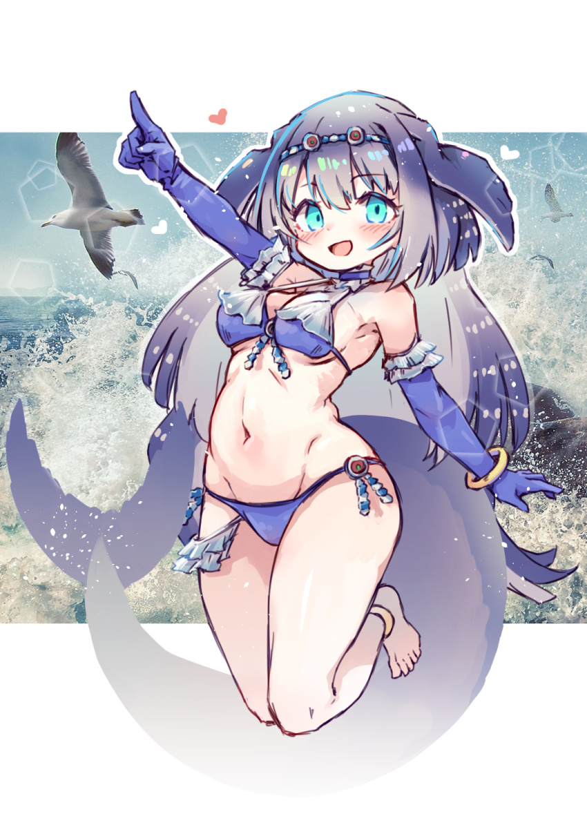 1girl :d bikini blue_bikini blue_eyes blue_gloves blue_hair blush breasts commentary_request elbow_gloves fins fish_tail gloves hair_between_eyes highres kemono_friends kolshica long_hair medium_breasts navel open_mouth photo_background smile solo steller&#039;s_sea_cow_(kemono_friends) swimsuit tail