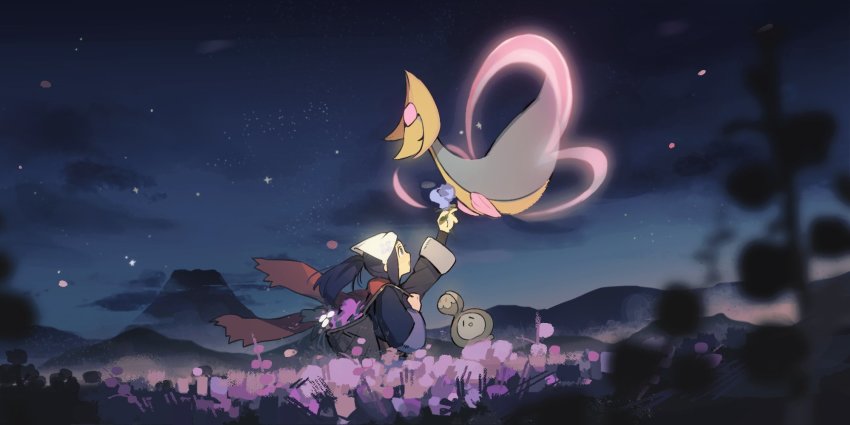 1girl akari_(pokemon) arm_up backpack bag black_shirt blurry budew cloud commentary cresselia field flower flower_field gen_4_pokemon headscarf highres holding holding_flower jacket legendary_pokemon long_hair mountain night nintendo olopheris outdoors pokemon pokemon_(creature) pokemon_legends:_arceus ponytail shirt sky symbol-only_commentary white_headscarf white_headwear