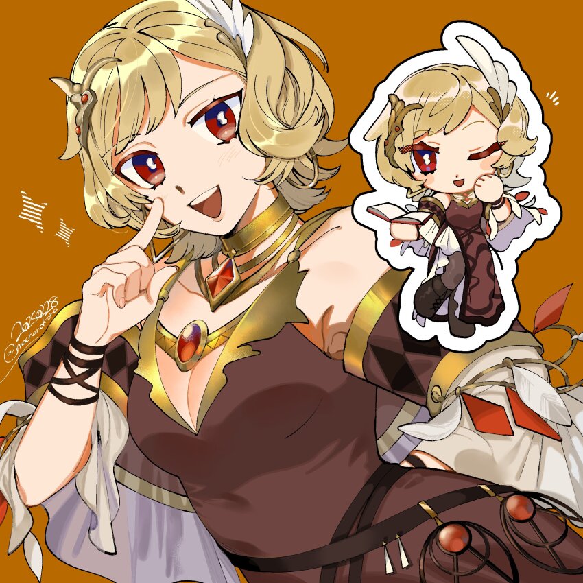 1girl absurdres bare_shoulders blonde_hair breasts brown_dress chibi citrinne_(fire_emblem) cleavage dress earrings feather_hair_ornament feathers fire_emblem fire_emblem_engage gold_choker gold_trim hair_ornament highres hoop_earrings jewelry looking_at_viewer medium_breasts mochako_(motyako_1005) nintendo red_eyes short_hair smile solo wing_hair_ornament