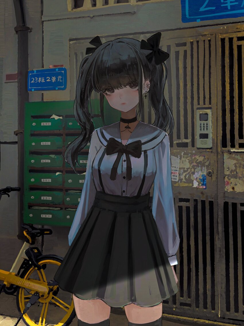 1girl alley bicycle black_bow black_bowtie black_choker black_skirt black_thighhighs blunt_bangs bow bowtie breasts brown_eyes brown_hair buttons choker closed_mouth collarbone collared_shirt commentary cowboy_shot cross cross_earrings door ear_piercing earrings expressionless eyelashes hair_bow high-waist_skirt highres jewelry jirai_kei keypad lewenxijian lipstick long_hair long_sleeves makeup medium_breasts miniskirt original outdoors piercing pleated_skirt puffy_long_sleeves puffy_sleeves red_lips road_sign sailor_collar shirt sign skirt solo thighhighs twintails wavy_hair white_sailor_collar white_shirt zettai_ryouiki