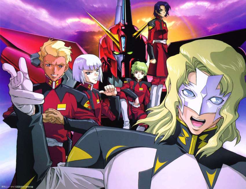 00s 4boys aegis_gundam athrun_zala blonde_hair blue_eyes blue_hair dearka_elsman green_eyes green_hair gundam gundam_seed highres male_focus mask mecha military military_uniform multiple_boys nicol_amafli purple_eyes rau_le_creuset robot scan short_hair silver_hair yzak_joule