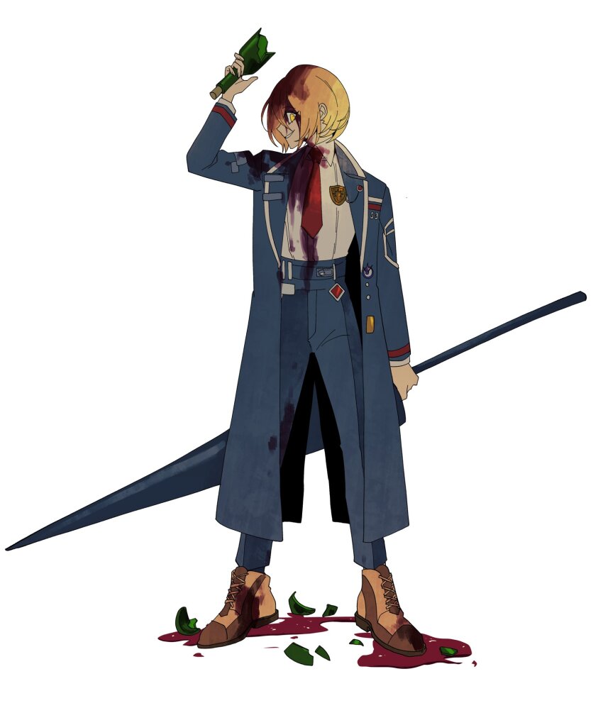 1girl alcohol black_coat black_pants blonde_hair bob_cut boots bottle broken_bottle brown_boots coat collared_shirt commentary crazy_eyes crazy_grin don_quixote_(project_moon) english_commentary full_body high-waist_pants highres holding holding_bottle holding_polearm holding_weapon lace-up_boots lance limbus_company long_sleeves looking_at_viewer necktie pants polearm project_moon red_necktie red_wine shirt shirt_tucked_in short_hair simple_background smile solo stain stained_clothes standing twendytwo weapon white_background white_shirt wine wine_bottle yellow_eyes
