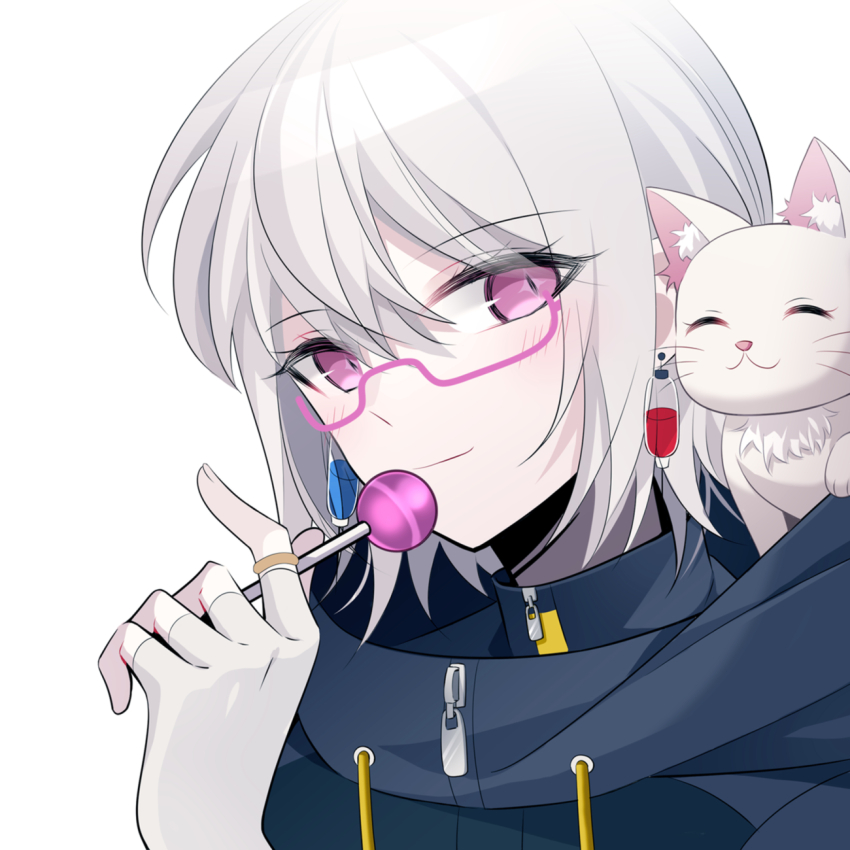 1other :3 ^_^ animal animal_ear_fluff animal_on_shoulder black_jacket blush candy cat cat_on_shoulder chupa_chups closed_eyes closed_mouth commentary_request earrings fingerless_gloves flipped_hair food glasses gloves grey_gloves grey_hair halara_nightmare highres holding holding_candy holding_food holding_lollipop jacket jewelry lollipop looking_at_viewer master_detective_archives:_rain_code medium_hair mismatched_earrings other_focus pink-framed_eyewear pink_eyes portrait qiao_xing semi-rimless_eyewear simple_background smile solo under-rim_eyewear white_background white_cat