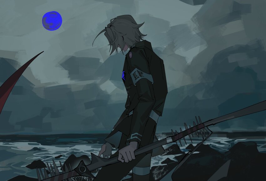 1boy aotsuki_eito armband black_jacket black_pants blue_moon cloud cloudy_sky from_side grey_hair highres holding holding_scythe holding_weapon jacket last_defense_academy_school_uniform long_sleeves male_focus moon ocean outdoors pants school_uniform scythe si_ming sky solo the_hundred_line_-last_defense_academy- water weapon