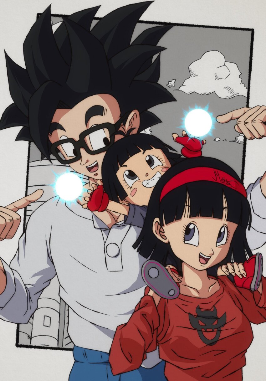 1boy 2girls black_hair cloud couple dragon_ball dragon_ball_super energy father_and_daughter glasses happy highres husband_and_wife ki_blast mother_and_daughter multiple_girls pan_(dragon_ball) smile son_gohan tagme videl