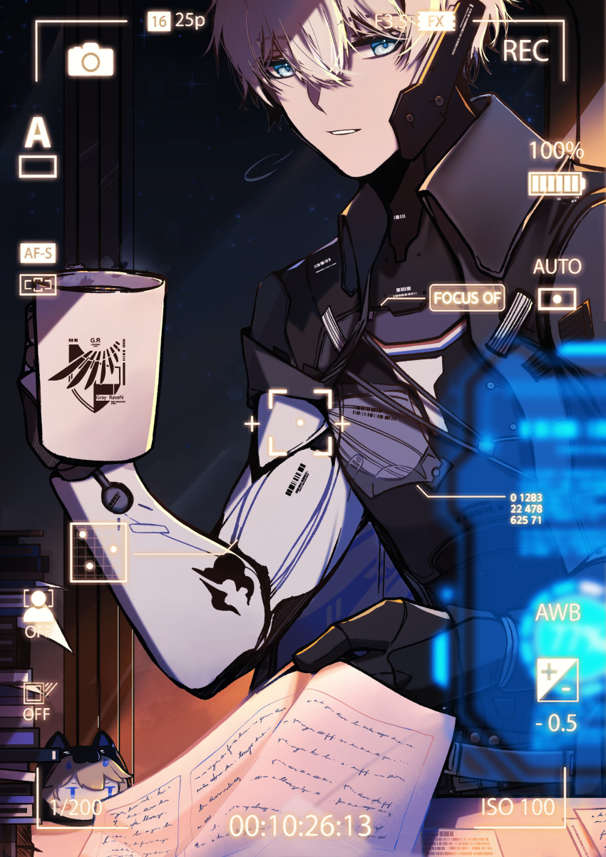 1boy absurdres camera coffee_mug cup dochikun highres image_sample lee:_hyperreal_(pgr) lee_(pgr) looking_at_viewer mug pixiv_sample punishing:_gray_raven solo solo_focus viewfinder