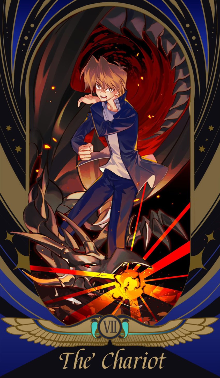 1boy blonde_hair border brown_eyes card_(medium) dragon duel_monster english_text full_body gakuran highres jonouchi_katsuya looking_at_viewer male_focus open_clothes open_shirt red-eyes_black_dragon roman_numeral school_uniform shirt short_hair solo_focus ssbaby tarot tarot_(medium) the_chariot_(tarot) white_shirt yu-gi-oh!
