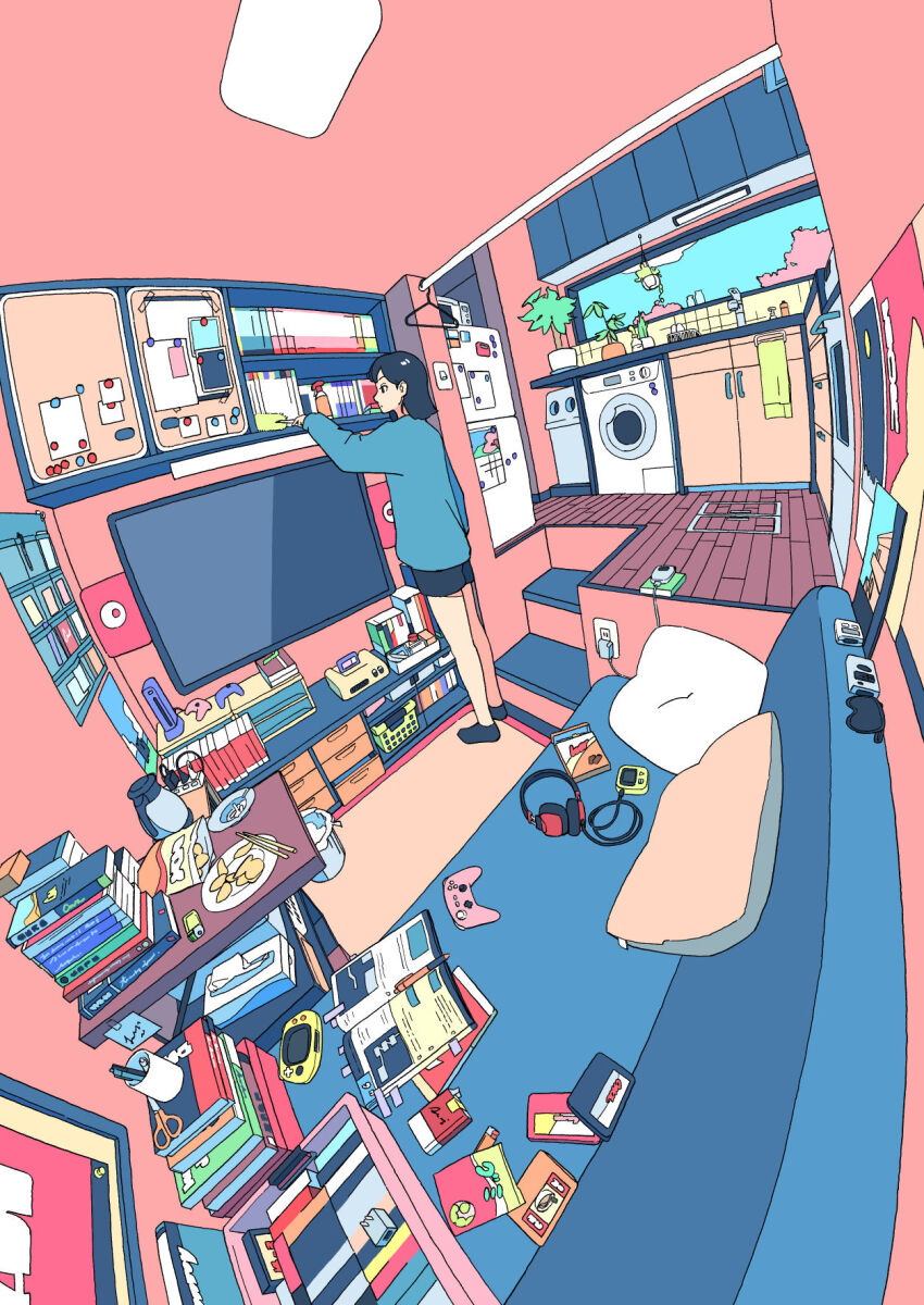 1girl akabane_1999 black_hair blue_shirt book book_stack chair chopsticks controller fisheye foliage food food_wrapper game_controller headphones highres holding indoors kitchen living_room medium_hair original paper pillow plate scenery scissors shelf shirt shorts sink slice_of_life snack solo stairs table television washing_machine window