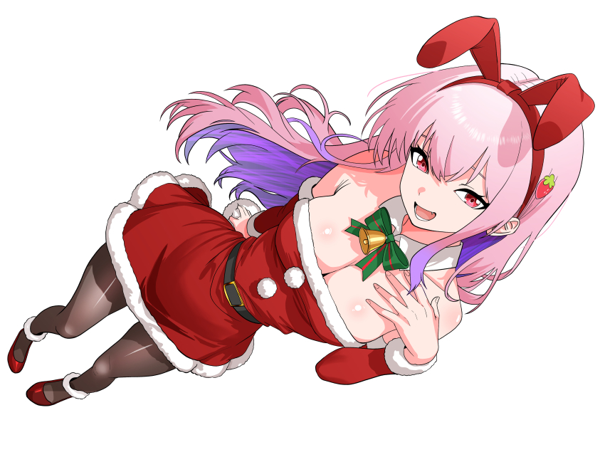 1girl absurdres animal_ears bare_shoulders belt black_belt blunt_bangs bow breasts character_request christmas cleavage copyright_request detached_collar detached_sleeves fake_animal_ears from_above full_body fur_trim green_bow hair_between_eyes hairband highres long_hair looking_at_viewer odiseo open_mouth pantyhose pink_hair pom_pom_(clothes) red_eyes santa_costume smile solo standing striped_bow white_background