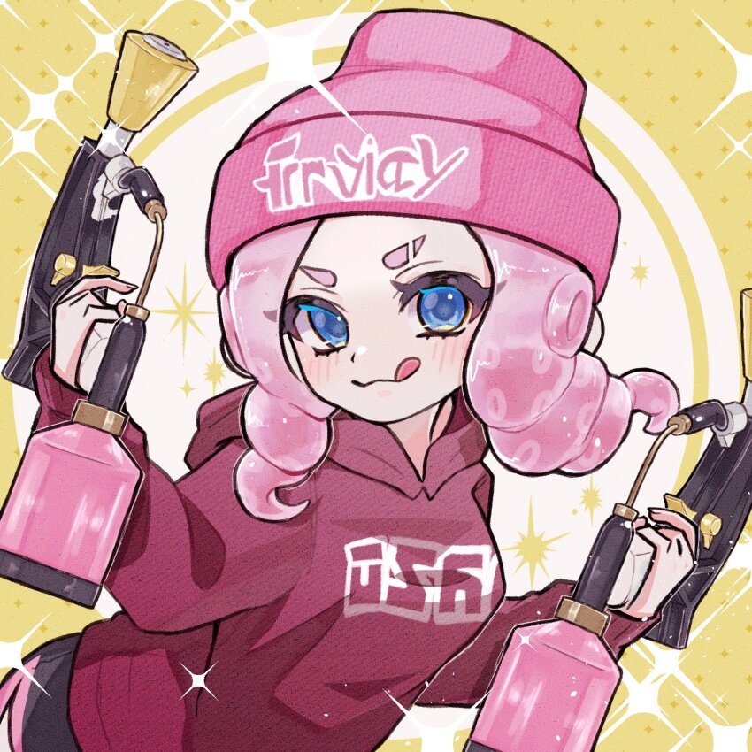 1girl :q beanie black_shorts blue_eyes blush closed_mouth clothes_writing commentary dolphin_shorts drill_hair dual_wielding eyebrow_cut hat highres holding holding_weapon hood hood_down hoodie long_hair long_sleeves motuko1037 nintendo octoling octoling_girl octoling_player_character pink_hair pink_hat pink_trim red_hoodie shorts solo splat_dualies_(splatoon) splatoon_(series) splatoon_3 suction_cups symbol-only_commentary tentacle_hair tongue tongue_out twin_drills weapon