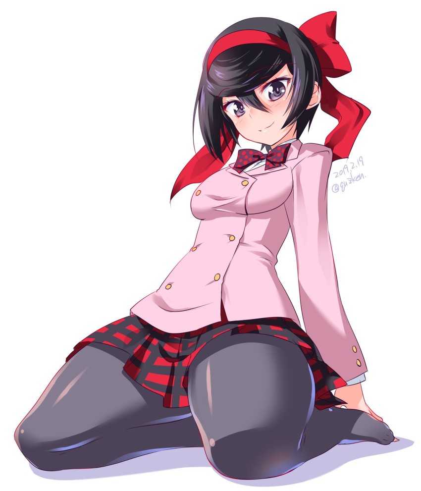 1girl black_hair bow dated female_focus girls_und_panzer girls_und_panzer_ribbon_no_musha hair_bow hair_ribbon highres jacket kuzuryuu_kennosuke looking_at_viewer mole mole_under_eye pantyhose ribbon school_uniform shirt short_hair signature simple_background skirt smile solo tatenashi_high_school_uniform tsuruki_shizuka white_background