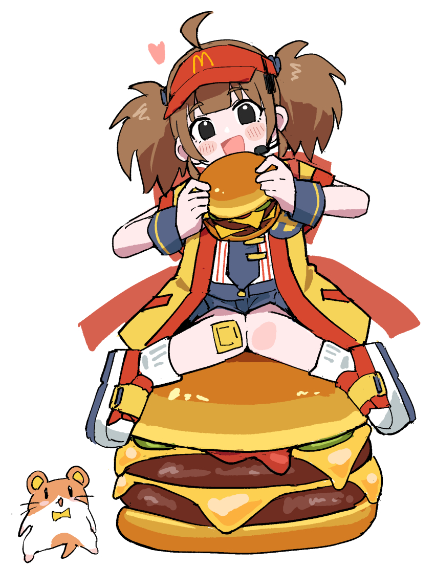 1girl :d ahoge badge bandaid bandaid_on_knee bandaid_on_leg black_shorts blush_stickers brown_hair burger button_badge commentary employee_uniform fast_food_uniform food full_body hat headset heart highres holding holding_burger holding_food imadake_dabuchi_tabemi imadake_dabuchi_tabesuke looking_at_viewer mcdonald&#039;s necktie open_happi open_mouth pinstripe_pattern pinstripe_shirt red_hat red_shoes shirt shoes shorts simple_background sitting smile socks solo striped_clothes tenten_(chan4545) tie_clip twintails velcro_footwear visor_cap white_background white_shirt white_socks wristband yellow_happi