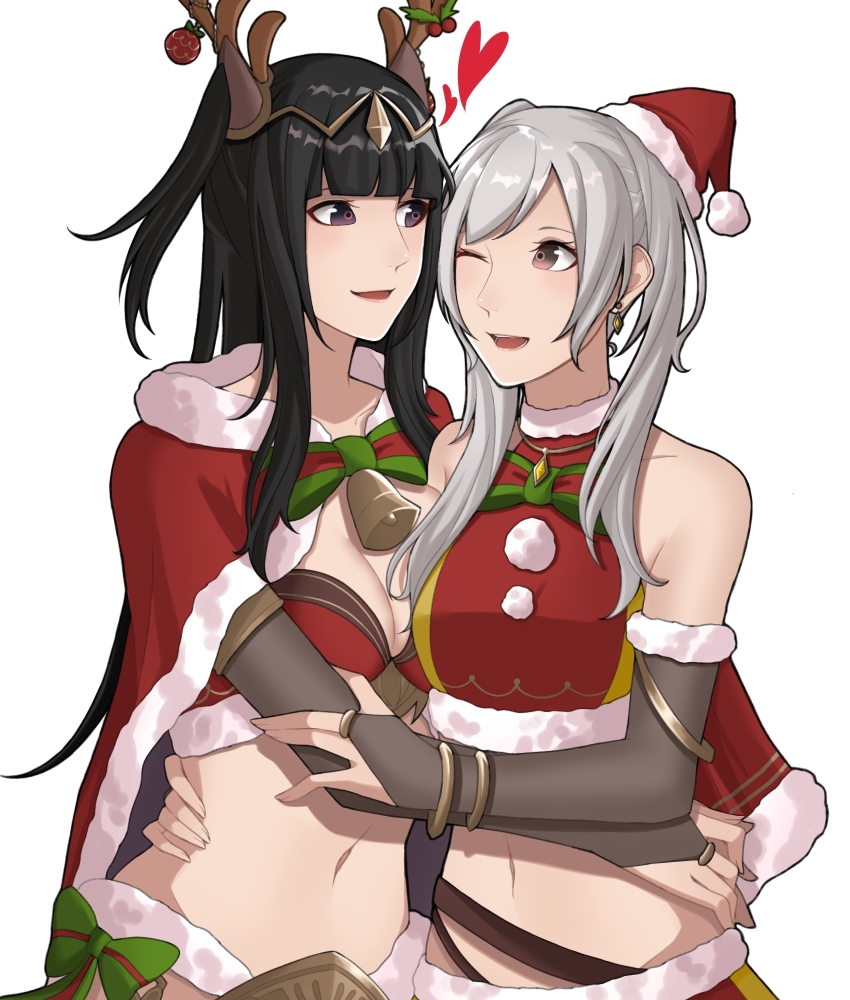 2girls antler_ornament ao_saryaruhu armlet armpit_crease bare_shoulders bikini black_eyes black_hair bracelet breasts brown_eyes cloak collarbone couple crop_top earrings elbow_gloves eyelashes fake_horns female_focus female_robin_(fire_emblem) fingerless_gloves fingernails fire_emblem fire_emblem_awakening fire_emblem_heroes gloves happy hat heart height_difference highres hime_cut horns hug jewelry large_breasts long_hair medium_breasts midriff multiple_girls navel neck neck_bell nintendo one_eye_closed open_mouth pendant revealing_clothes santa_bikini santa_costume santa_hat shirt short_twintails sidelocks simple_background smile standing swept_bangs swimsuit tharja_(&quot;normal_girl&quot;)_(fire_emblem) tharja_(fire_emblem) tiara turtleneck turtleneck_shirt twintails waist_hug white_background white_hair wink yuri