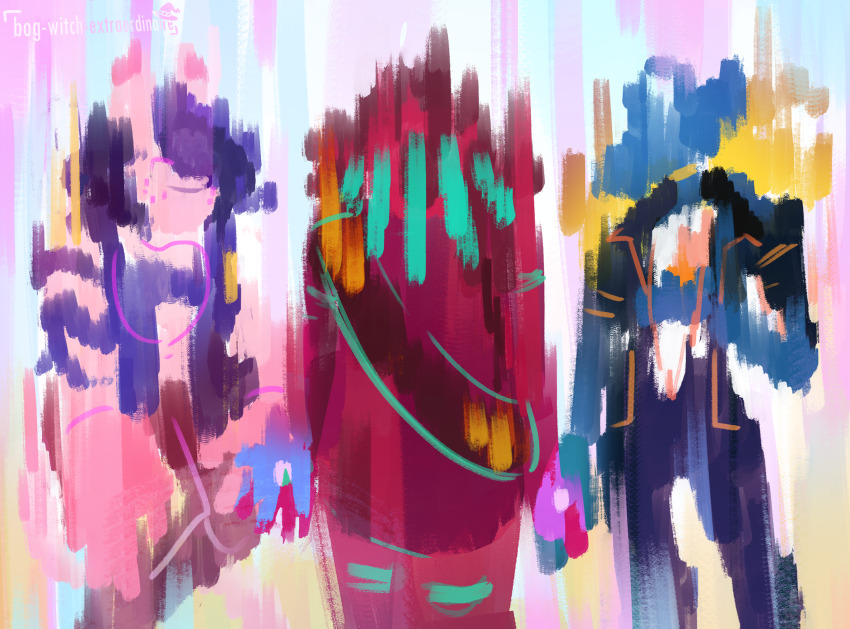 3girls abstract_background artist_name black_jacket blue_hair blue_jacket blurry bog_witch_extraordinaire commentary english_commentary green_veil heaven_will_be_mine highres holding_hands jacket krun_macula_(heaven_will_be_mine) luna-terra_(heaven_will_be_mine) mare_crisium_(heaven_will_be_mine) mecha multiple_girls pastel_colors pluto_(heaven_will_be_mine) red_sash robot sash saturn_(heaven_will_be_mine) short_hair sketch stigmata string_of_pearls_(heaven_will_be_mine) symbolism veil yuri