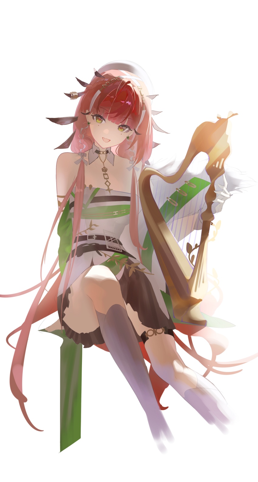 :d absurdres arknights bare_shoulders belt black_belt black_dress chinese_commentary collar commentary_request cropped_legs detached_collar dress e-razor earrings erato_(arknights) feathered_hair gloves green_dress green_eyes hat highres holding holding_instrument instrument jewelry kneehighs looking_at_viewer mole mole_under_each_eye mole_under_eye multicolored_dress multiple_moles open_mouth red_hair red_pupils short_dress simple_background sitting smile socks thigh_strap white_background white_collar white_dress white_gloves white_hat white_socks